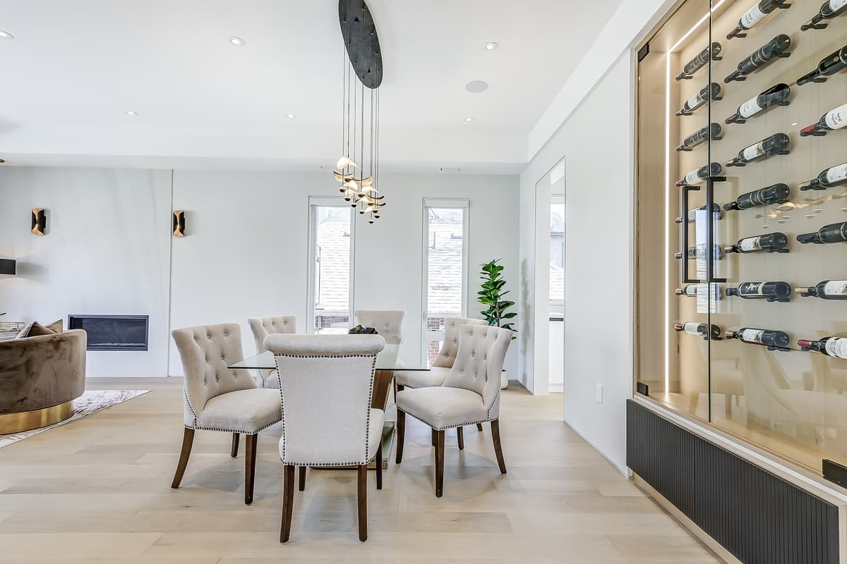 Dining area with wine wall display